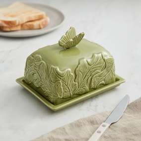 Embossed Floral Reactive Glaze Stoneware Butter Dish Embossed Floral Reactive Glaze Stoneware Butter Dish