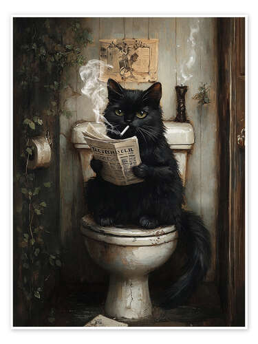 Smoking black cat reading newspaper on toilet